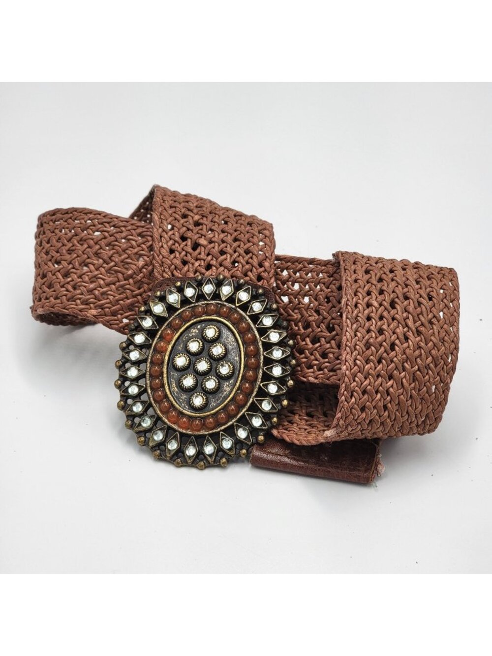 Vtg Y2K Boho/Western Brown Woven Belt with Ornate Beaded Oval Buckle/Rhinestones